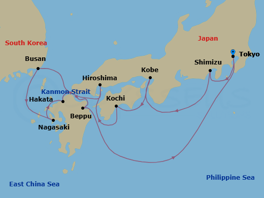 11 Night - Epicurean Japan - Seven Seas Explorer - Starting in Tokyo, Shimizu, Cruising the Philippine Sea, Kyoto (Kobe), Kochi, Hiroshima, Cruising the Kanmon Straits, Busan, Nagasaki, Hakata, Cruising the Kanmon Straits, Beppu, Cruising the Philippine Sea, Tokyo itinerary map