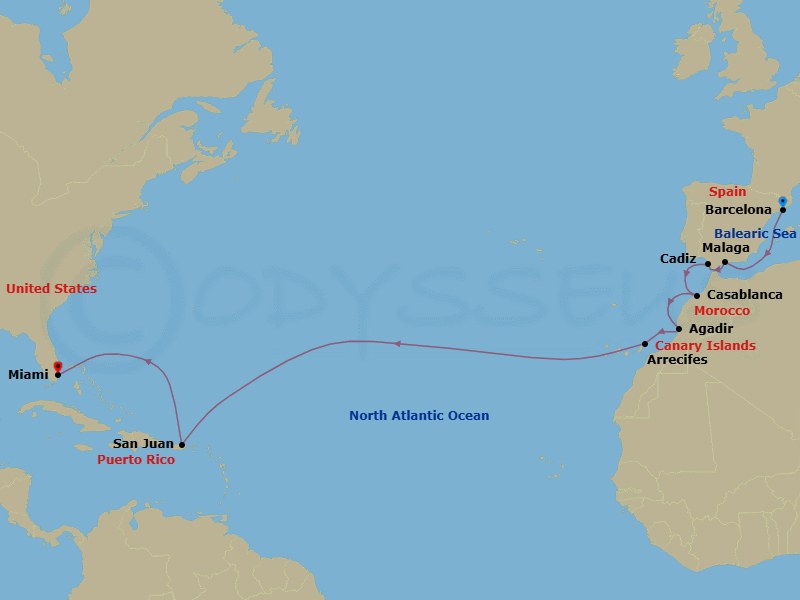 16 Night - Maritime Magic to Miami - Seven Seas Prestige - Starting in Barcelona, Cruising the Mediterranean Sea, Malaga, Cadiz, Casablanca, Agadir, Arrecife (Lanzarote), Cruising the Atlantic Ocean, San Juan, Cruising the Atlantic Ocean, Cruising the Bahamian Waters, Miami itinerary map