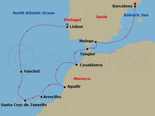 10 Night - Colors of the Kasbah - Seven Seas Voyager - Starting in Lisbon, Cruising the Atlantic Ocean, Funchal (Madeira), Santa Cruz de Tenerife, Arrecife (Lanzarote), Agadir, Casablanca, Tangier, Malaga, Cruising the Mediterranean Sea, Barcelona itinerary map