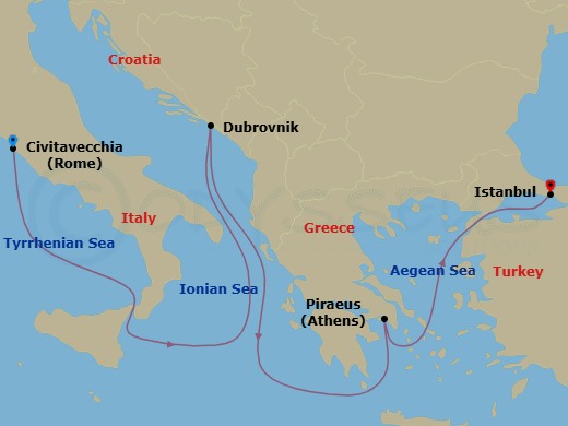 9 Night - Spellbinding Mediterranean - Seven Seas Splendor - Starting in Rome (Civitavecchia), Cruising the Ionian Sea, Dubrovnik, Croatia, Cruising the Ionian Sea, Athens (Piraeus), Cruising the Aegean Sea, Istanbul itinerary map