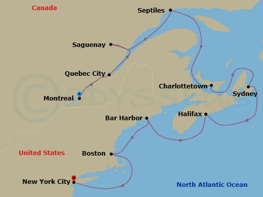 11 Night - Coastal Fall Colors - Seven Seas Grandeur - Starting in Montreal, Quebec City, Saguenay, Sept-Iles, Cruising the Gulf of St Lawrence, Charlottetown, Sydney CA, Halifax, Bar Harbor, Boston, Cruising the Atlantic Ocean, New York itinerary map