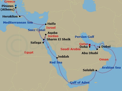 21 Night - Path of the Great Empires - Seven Seas Mariner - Starting in Athens (Piraeus), Heraklion (Crete), Cruising the Mediterranean Sea, Jerusalem (Haifa), Cruising the Mediterranean Sea, Suez Canal (Transit), Luxor (Safaga), Sharm El-Sheikh, Aqaba, Cruising the Red Sea, Jeddah, Cruising the Red Sea, Cruising the Gulf of Aden, Salalah, Cruising the Arabian Sea, Cruising the Gulf of Oman, Dubai, Abu Dhabi, Doha itinerary map