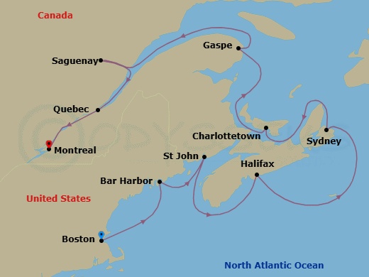 11 Night - Leaves & Lobsters - Seven Seas Grandeur - Starting in Boston, Bar Harbor, Saint John NB (Bay of Fundy), Halifax, Sydney CA, Charlottetown, Cruising the Gulf of St Lawrence, Gaspesie, Cruising the St Lawrence River, Saguenay, Quebec City, Montreal itinerary map