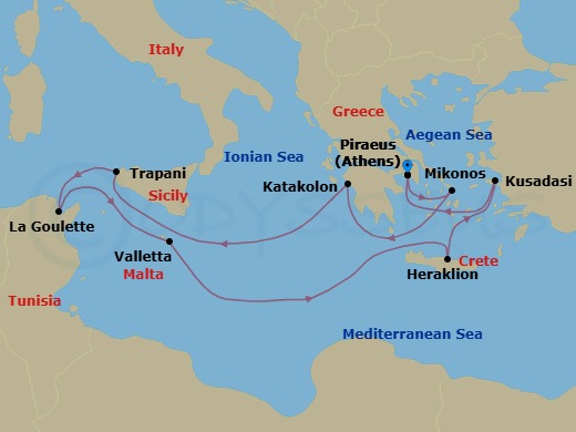 10 Night - Best of Greece - Seven Seas Mariner - Starting in Athens (Piraeus), Mykonos, Katakolon, Cruising the Mediterranean Sea, Trapani (Sicily), La Goulette, Valletta, Cruising the Mediterranean Sea, Heraklion (Crete), Kusadasi, Athens (Piraeus) itinerary map