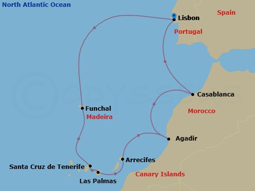 9 Night - Cerulean Canary Islands - Seven Seas Splendor - Starting in Lisbon, Cruising the Atlantic Ocean, Funchal (Madeira), Santa Cruz de Tenerife, Las Palmas De Gran Canaria, Arrecife (Lanzarote), Agadir, Casablanca, Cruising the Atlantic Ocean, Lisbon itinerary map