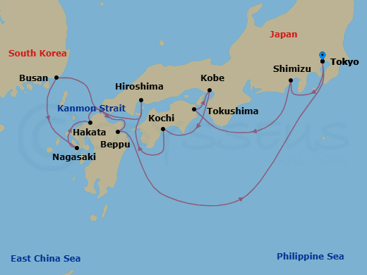 11 Night - Way of the Bushido - Seven Seas Explorer - Starting in Tokyo, Shimizu, Tokushima, Kyoto (Kobe), Kochi, Hiroshima, Cruising the Kanmon Straits, Busan, Nagasaki, Hakata, Cruising the Kanmon Straits, Beppu, Cruising the Philippine Sea, Tokyo itinerary map