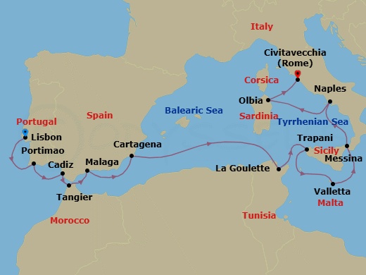 14 Night - Iberian Wanderlust & Sicilian Dream - Seven Seas Voyager - Starting in Lisbon, Portimao, Cruising the Atlantic Ocean, Cadiz, Tangier, Malaga, Cartagena ES, Cruising the Mediterranean Sea, La Goulette, Trapani (Sicily), Valletta, Messina (Sicily), Naples / Pompeii, Olbia (Sardinia), Rome (Civitavecchia) itinerary map