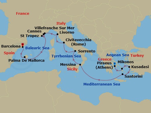 14 Night - Azure Horizons - Seven Seas Prestige - Starting in Athens (Piraeus), Mykonos, Kusadasi, Santorini, Cruising the Ionian Sea, Messina (Sicily), Sorrento / Capri, Rome (Civitavecchia), Tuscany (Livorno), Villefranche, Saint-Tropez, Cruising the Mediterranean Sea, Cannes, Palma De Mallorca, Barcelona itinerary map