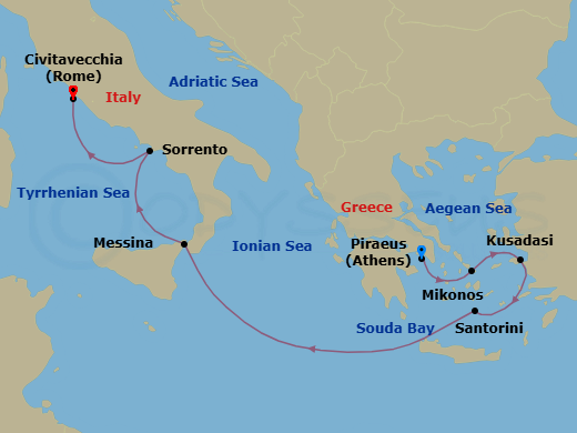 7 Night - Myths, Ruins & Amalfi Coast - Seven Seas Prestige - Starting in Athens (Piraeus), Mykonos, Kusadasi, Santorini, Cruising the Ionian Sea, Messina (Sicily), Sorrento / Capri, Rome (Civitavecchia) itinerary map
