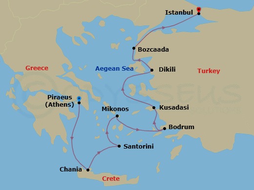 10 Night - Ultimate Aegean Explorer - Seven Seas Mariner - Starting in Athens (Piraeus), Chania (Crete), Santorini, Mykonos, Cruising the Aegean Sea, Bodrum, Kusadasi, Dikili, Bozcaada, Istanbul itinerary map
