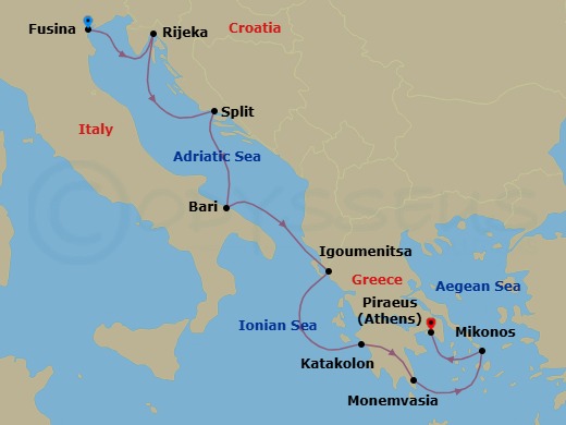 10 Night - Romantic Respites in Greece - Seven Seas Mariner - Starting in Venice (Fusina), Cruising the Adriatic Sea, Rijeka, Split, Bari, Igoumenitsa, Katakolon, Cruising the Mediterranean Sea, Monemvasia, Mykonos, Athens (Piraeus) itinerary map