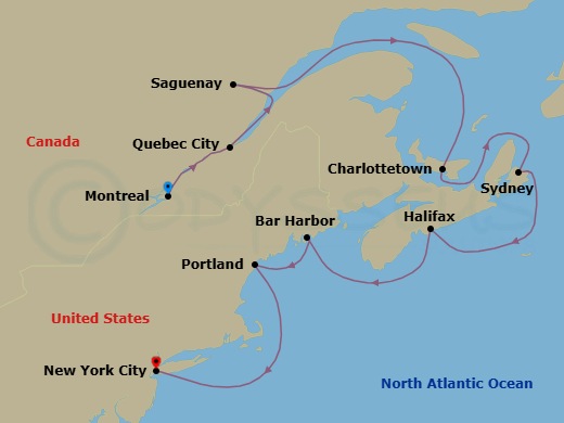 11 Night - Canadian Culinary Delights - Seven Seas Grandeur - Starting in Montreal, Quebec City, Saguenay, Cruising the St Lawrence River, Cruising Gulf of St Lawrence, Charlottetown, Sydney CA, Halifax, Bar Harbor, Portland ME, Cruising the Atlantic Ocean, New York itinerary map