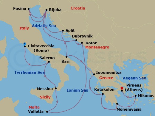 18 Night - Myth & Marble - Seven Seas Mariner - Starting in Rome (Civitavecchia), Salerno, Messina (Sicily), Valletta, Cruising the Ionian Sea, Kotor, Dubrovnik, Croatia, Rijeka, Venice (Fusina), Cruising the Adriatic Sea, Rijeka, Split, Bari, Igoumenitsa, Katakolon, Cruising the Mediterranean Sea, Monemvasia, Mykonos, Athens (Piraeus) itinerary map