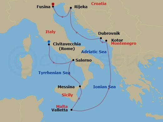 8 Night - Centuries of Art - Seven Seas Mariner - Starting in Rome (Civitavecchia), Salerno, Messina (Sicily), Valletta, Cruising the Ionian Sea, Kotor, Dubrovnik, Croatia, Rijeka, Venice (Fusina) itinerary map