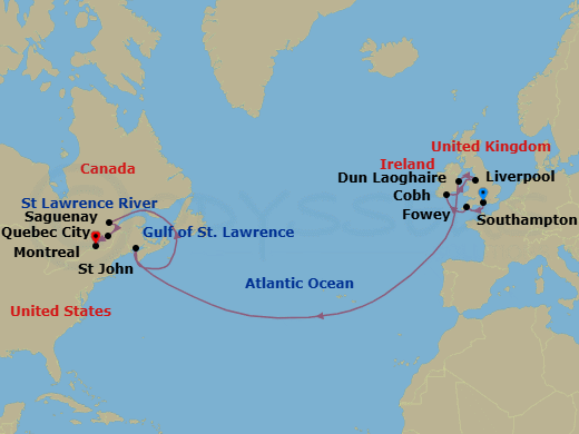 14 Night - Continental Crown - Seven Seas Grandeur - Starting in London (Southampton), Fowey, Cork (Cobh), Liverpool, Dun Laoghaire, Cruising the Atlantic Ocean, St Johns, Cruising the Gulf of St Lawrence, Cruising the St Lawrence River, Saguenay, Quebec City, Montreal itinerary map