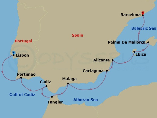 11 Night - Enduring Iberia - Seven Seas Mariner - Starting in Lisbon, Portimao, Cadiz, Tangier, Malaga, Cruising the Mediterranean Sea, Cartagena ES, Alicante, Ibiza, Palma De Mallorca, Cruising the Mediterranean Sea, Barcelona itinerary map