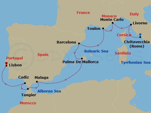 10 Night - Culinary Wonders - Seven Seas Grandeur - Starting in Rome (Civitavecchia), Tuscany (Livorno), Monte Carlo, Toulon, Barcelona, Palma De Mallorca, Cruising the Mediterranean Sea, Malaga, Tangier, Cadiz, Lisbon itinerary map