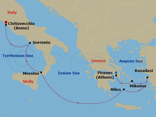 7 Night - History & Heritage - Seven Seas Prestige - Starting in Athens (Piraeus), Mykonos, Kusadasi, Milos, Cruising the Ionian Sea, Messina (Sicily), Sorrento / Capri, Rome (Civitavecchia) itinerary map