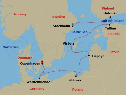 8 Night - Nordic & Baltic Jewels - Seven Seas Voyager - Starting in Stockholm, Helsinki, Tallinn, Visby, Sweden, Liepaja, Gdansk (Gdynia), Cruising the Baltic Sea, Berlin (Warnemunde), Copenhagen itinerary map
