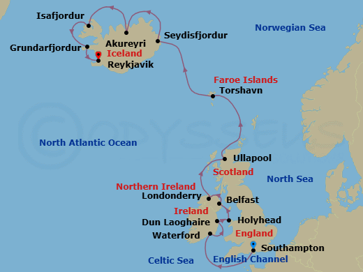 14 Night - Isles & Ice - Seven Seas Splendor - Starting in London (Southampton), Cruising the Celtic Sea, Waterford, Dun Laoghaire, Holyhead, Belfast, Londonderry, Ullapool, Torshavn, Faroe Islands, Cruising the Norwegian Sea, Seydisfjodur, Akureyri, Isafjordur, Grundarfjordur, Reykjavik itinerary map