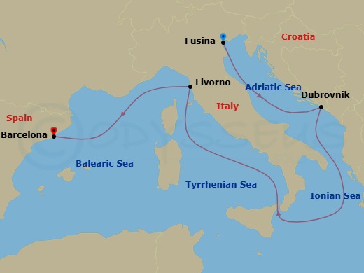 10 Night - Moonlight Over the Mediterranean - Seven Seas Grandeur - Starting in Venice (Fusina), Cruising the Adriatic Sea, Dubrovnik, Croatia, Cruising the Ionian Sea, Tuscany (Livorno), Cruising the Mediterranean Sea, Barcelona itinerary map