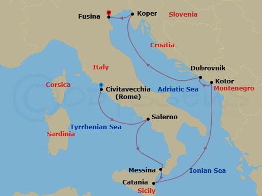 8 Night - Adriatic Jewel - Seven Seas Grandeur - Starting in Rome (Civitavecchia), Salerno, Messina (Sicily), Catania (Sicily), Cruising the Ionian Sea, Kotor, Dubrovnik, Croatia, Koper, Venice (Fusina) itinerary map