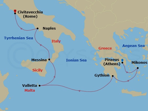 7 Night - Stars of the Mediterranean - Seven Seas Grandeur - Starting in Athens (Piraeus), Mykonos, Gythion, Cruising the Ionian Sea, Valletta, Messina (Sicily), Naples / Pompeii, Rome (Civitavecchia) itinerary map