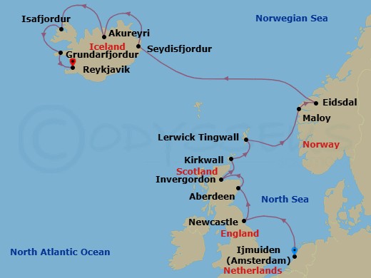 14 Night - Celestial Norway & Iceland - Seven Seas Mariner - Starting in Amsterdam (Ijmuiden), Cruising the North Sea, Newcastle UK, Aberdeen, Invergordon, United Kingdom, Kirkwall (Orkney Islands), Lerwick (Shetland Islands), Maloy, Eidsdal, Cruising the Norwegian Sea, Seydisfjodur, Akureyri, Isafjordur, Grundarfjordur, Reykjavik itinerary map