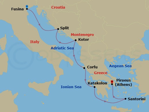 7 Night - Aegean Bliss - Seven Seas Grandeur - Starting in Venice (Fusina), Split, Kotor, Corfu, Katakolon, Cruising the Ionian Sea, Santorini, Athens (Piraeus) itinerary map