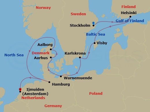 10 Night - North Sea Canals & Currents - Seven Seas Mariner - Starting in Stockholm, Helsinki, Visby, Sweden, Karlskrona, Berlin (Warnemunde), Aarhus, Aalborg, Cruising the North Sea, Hamburg, Cruising the North Sea, Amsterdam (Ijmuiden) itinerary map