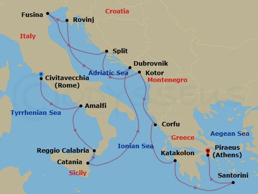 14 Night - Villas & Venice - Seven Seas Grandeur - Starting in Rome (Civitavecchia), Amalfi / Positano, Reggio Calabria, Catania (Sicily), Cruising the Ionian Sea, Dubrovnik, Croatia, Rovinj, Venice (Fusina), Split, Kotor, Corfu, Katakolon, Cruising the Ionian Sea, Santorini, Athens (Piraeus) itinerary map