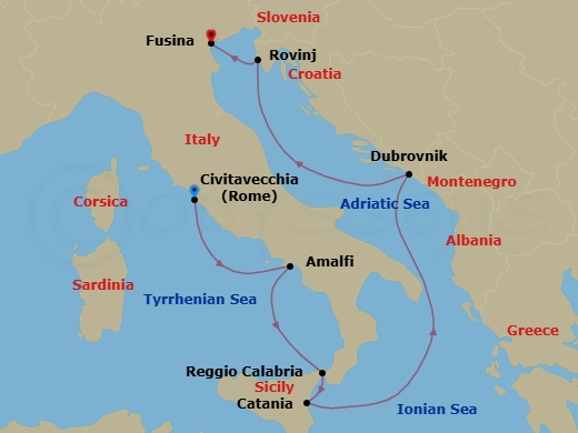7 Night - Mystical Italy & Croatia - Seven Seas Grandeur - Starting in Rome (Civitavecchia), Amalfi / Positano, Reggio Calabria, Catania (Sicily), Cruising the Ionian Sea, Dubrovnik, Croatia, Rovinj, Venice (Fusina) itinerary map