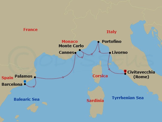 7 Night - Regal Retreat - Seven Seas Grandeur - Starting in Barcelona, Palamos, Cannes, Monte Carlo, Cruising the Ligurian Sea, Portofino, Tuscany (Livorno), Rome (Civitavecchia) itinerary map
