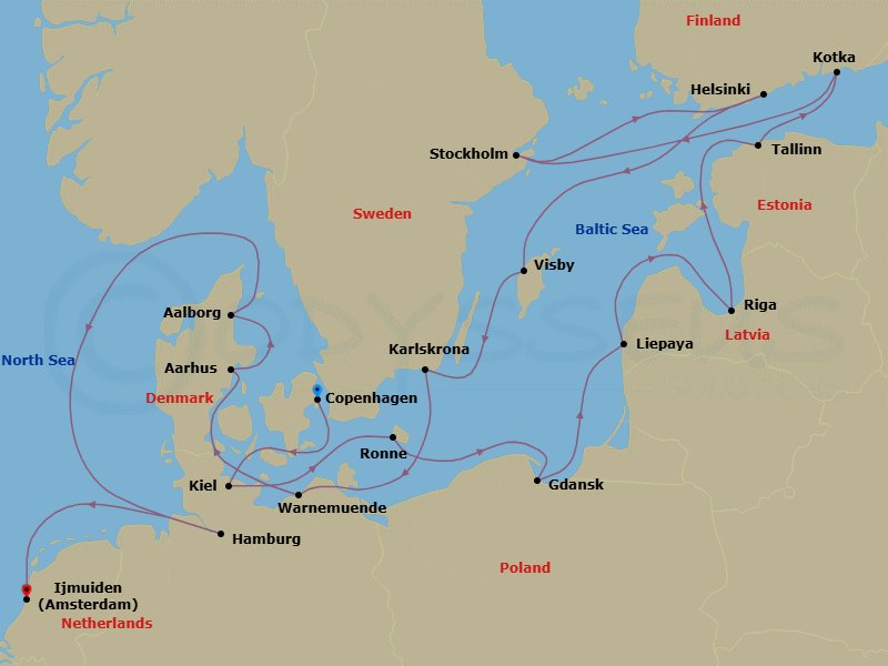 20 Night - Latitude of Light - Seven Seas Mariner - Starting in Copenhagen, Cruising the North Sea, Kiel, Ronne, Gdansk (Gdynia), Liepaja, Riga, Tallinn, Hamina (Kotka), Cruising the Baltic Sea, Stockholm, Helsinki, Visby, Sweden, Karlskrona, Berlin (Warnemunde), Aarhus, Aalborg, Cruising the North Sea, Hamburg, Cruising the North Sea, Amsterdam (Ijmuiden) itinerary map