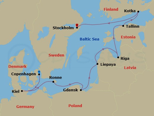 10 Night - Baltics in Blue - Seven Seas Mariner - Starting in Copenhagen, Cruising the North Sea, Kiel, Ronne, Gdansk (Gdynia), Liepaja, Riga, Tallinn, Hamina (Kotka), Cruising the Baltic Sea, Stockholm itinerary map