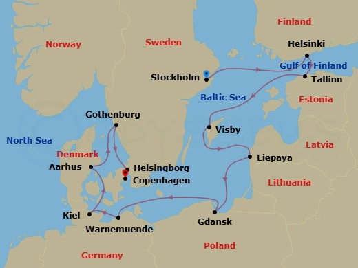 12 Night - Fairytales & Hygge - Seven Seas Voyager - Starting in Stockholm, Helsinki, Tallinn, Visby, Sweden, Liepaja, Gdansk (Gdynia), Cruising the Baltic Sea, Berlin (Warnemunde), Kiel, Aarhus, Gothenburg, Helsingborg, Copenhagen itinerary map