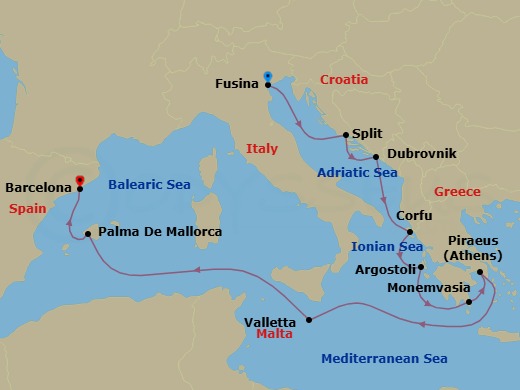 11 Night - A Grecian Summer - Seven Seas Grandeur - Starting in Venice (Fusina), Split, Dubrovnik, Croatia, Corfu, Argostoli (Cephalonia), Monemvasia, Athens (Piraeus), Cruising the Ionian Sea, Valletta, Cruising the Mediterranean Sea, Palma De Mallorca, Barcelona itinerary map