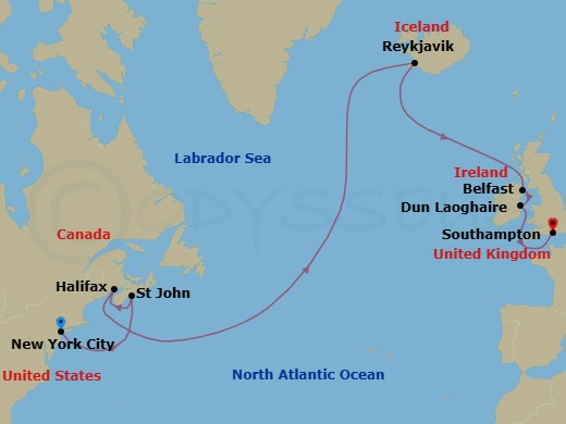14 Night - Coast to Coast Culture - Seven Seas Splendor - Starting in New York, Cruising the Atlantic Ocean, Halifax, Cruising the Atlantic Ocean, St Johns, Cruising the Atlantic Ocean, Reykjavik, Cruising the Atlantic Ocean, Belfast, Dun Laoghaire, Cruising the Celtic Sea, London (Southampton) itinerary map