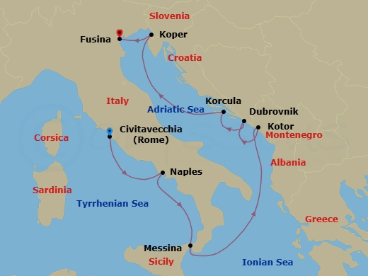 8 Night - Dalmatian Rhapsody - Seven Seas Grandeur - Starting in Rome (Civitavecchia), Naples / Pompeii, Messina (Sicily), Cruising the Ionian Sea, Kotor, Dubrovnik, Croatia, Korcula, Koper, Venice (Fusina) itinerary map