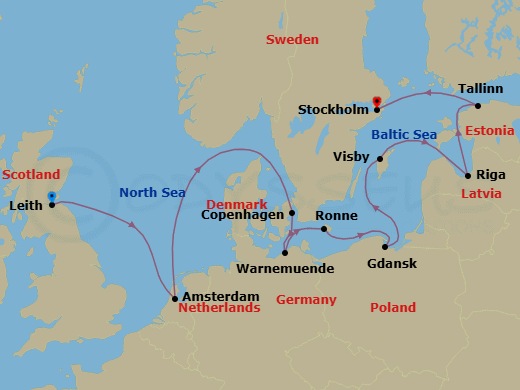 12 Night - Cliffs, Castles & Culture - Seven Seas Voyager - Starting in Edinburgh (Leith), Cruising the North Sea, Amsterdam, Cruising the North Sea and the Skagerrak, Copenhagen, Berlin (Warnemunde), Ronne, Gdansk (Gdynia), Visby, Sweden, Riga, Cruising the Baltic Sea, Tallinn, Stockholm itinerary map