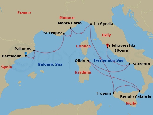 10 Night - Italian Celebration - Seven Seas Grandeur - Starting in Barcelona, Palamos, Saint-Tropez, Monte Carlo, La Spezia (Cinque Terre), Cruising the Tyrrhenian Sea, Trapani (Sicily), Reggio Calabria, Olbia (Sardinia), Sorrento / Capri, Rome (Civitavecchia) itinerary map