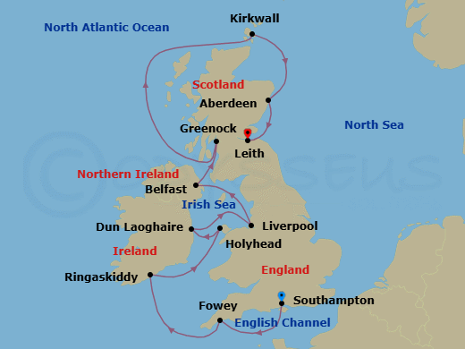11 Night - Celtic Legends - Seven Seas Voyager - Starting in London (Southampton), Fowey, Ringaskiddy (Cork), Holyhead, Dun Laoghaire, Liverpool, Belfast, Glasgow (Greenock), Cruising the Atlantic Ocean, Kirkwall (Orkney Islands), Aberdeen, Edinburgh (Leith) itinerary map
