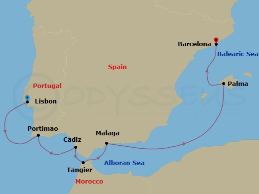 7 Night - Iberian Grandeur - Seven Seas Grandeur - Starting in Lisbon, Portimao, Cadiz, Tangier, Malaga, Cruising the Mediterranean Sea, Palma De Mallorca, Barcelona itinerary map