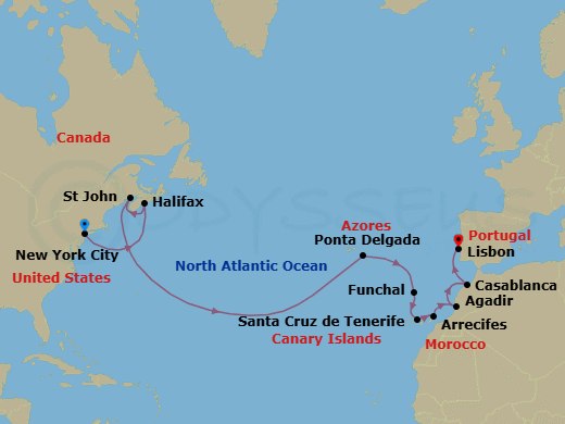 16 Night - Shimmering Atlantic Shores - Seven Seas Mariner - Starting in New York, Cruising the Atlantic Ocean, Halifax, Cruising the Atlantic Ocean, St Johns, Cruising the Atlantic Ocean, Ponta Delgada (Azores), Cruising the Atlantic Ocean, Funchal (Madeira), Santa Cruz de Tenerife, Arrecife (Lanzarote), Agadir, Casablanca, Cruising the Atlantic Ocean, Lisbon itinerary map