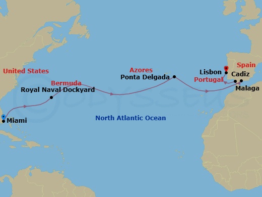 14 Night - Journey to Iberia - Seven Seas Grandeur - Starting in Miami, Cruising the Atlantic Ocean, Royal Naval Dockyard, Cruising the Atlantic Ocean, Ponta Delgada (Azores), Cruising the Atlantic Ocean, Cruising the Alboran Sea, Malaga, Cadiz, Lisbon itinerary map