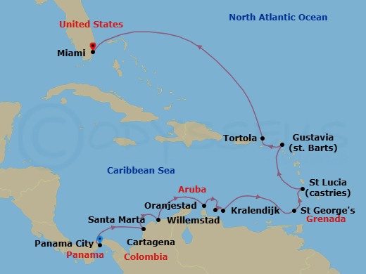 14 Night - Carnival of Caribbean Colors - Seven Seas Grandeur - Starting in Panama City, Panama Canal Daylight Transit, Cartagena CO, Santa Marta, Oranjestad, Willemstad AN, Bonaire (Kralendijk), Cruising the Caribbean Sea, St Georges, Castries, Gustavia, Tortola, Cruising the Atlantic Ocean, Cruising the Bahamian Waters, Miami itinerary map