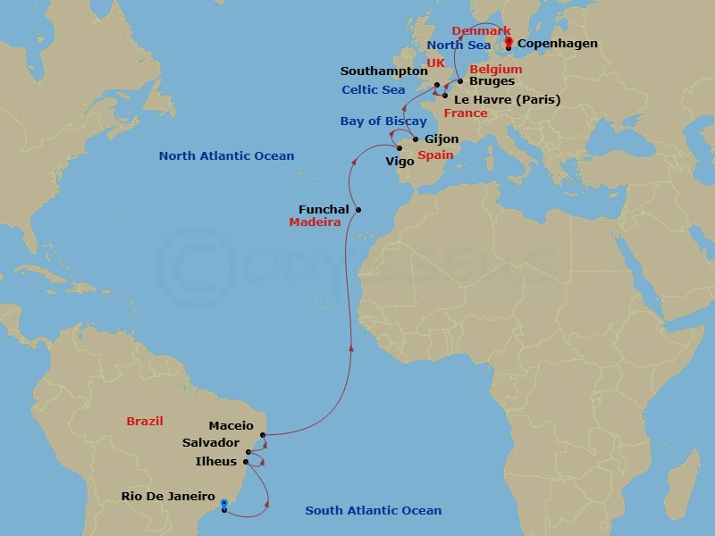 MSC Preziosa - 20 Night - Msc Grand Voyages - MSC Preziosa - Starting in Rio De Janeiro, Brazil, Ilheus, Brazil, Salvador, Brazil, Maceio, Brazil, Funchal (Madeira Islands),.. itinerary map