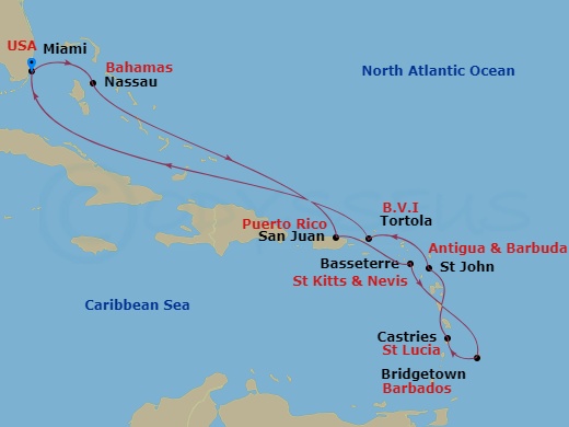 Oceania Allura - 11 Night - Eclectic Caribbean - Oceania Allura - Starting in Miami, Nassau, San Juan, Basseterre, Bridgetown, Castries, St Johns, Tortola, Miami itinerary map