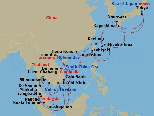 Sapphire Princess - 42 Night - Japan & Southeast Asia Grand Adventure - Sapphire Princess - Starting in Tokyo, Japan, Kagoshima, Japan, Miyakojima, Japan, Kaohsiung, Taiwan, Hong.. itinerary map