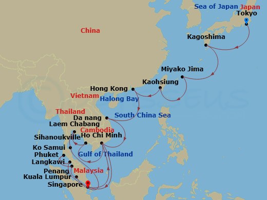 Sapphire Princess - 28 Night - Japan & Southeast Asia Grand Adventure - Sapphire Princess - Starting in Tokyo, Japan, Kagoshima, Japan, Miyakojima, Japan, Kaohsiung, Taiwan, Hong.. itinerary map